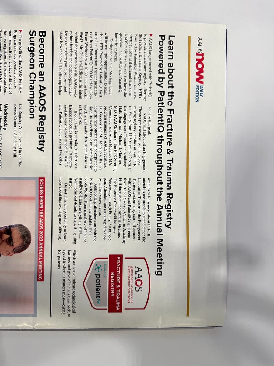 AAOS Now newspaper featuring article about PatientIQ's FTR program
